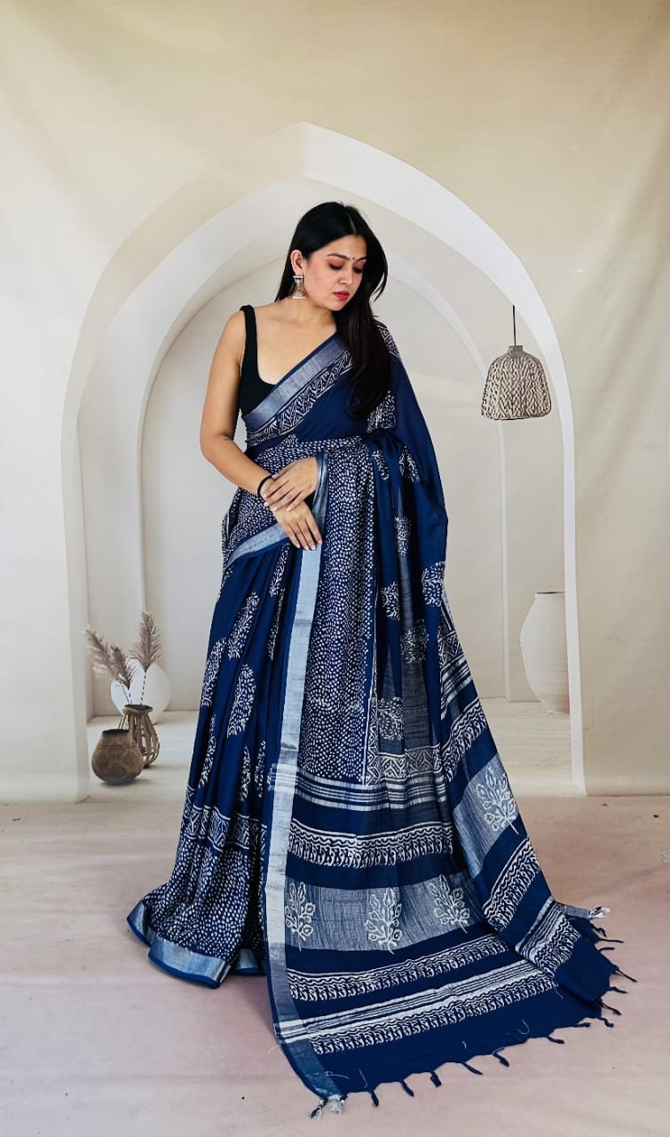 Hand Block Printed Linen Saree with Blouse
